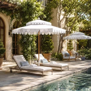 Custom Wavy Edge Center Pole Patio Umbrella for Hotels and Villas with Logo Printing and Reinforced Wheel Base