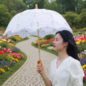 Custom White Wedding Lace Embroidery Wooden Handle Cotton Manual Folding Asian Zen Design 78cm Open Diameter Umbrella
