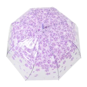 Custom Women’s Long Handle Rain Umbrella Transparent Clear Dome Printed Cherry Blossom Mushroom Sakura Elegant Princess Style