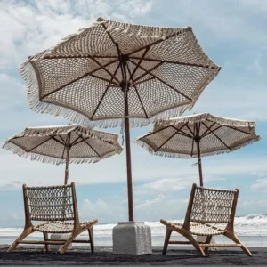 Custom Wooden Macrame Cotton Rope Umbrella with Tassels and Fringe, Outdoor Beach Parasol