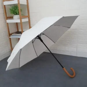 Custom logo Printing Semi Auto Open Wooden Curved Handle Waterproof Eco Fabric 25 Inch 8 Fiberglass Ribs Straight Umbrella