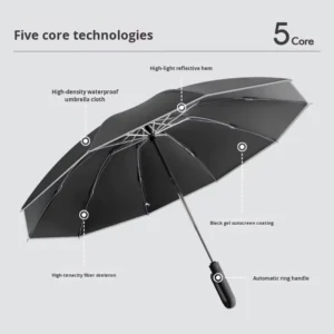 Customizable Fully Automatic Folding Umbrella with Logo Pattern, 10 Ribs, Ring Buckle