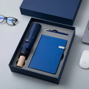 Customizable Logo Wooden Handle Umbrella, Phone Holder, Leather Notebook and Pen Gift Set