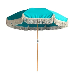Customizable Outdoor Wooden Pole Boho White Beach Umbrella with Tassel Fringes Vintage Furniture Sun Parasol
