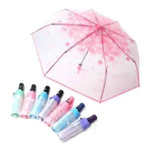 Customizable Promotional Clear Umbrella Vintage Style Transparent Umbrella with Pink Sakura Print