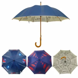 Customizable RPET Straight Umbrella With Manual Control Classic Automatic Open Wood Shaft And Wooden Handle For Giveaways