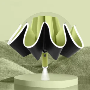Customizable Three-Fold Reverse Umbrella with Fully Automatic LED Light, UV Protection, Reflective Strip, and Plastic Handle