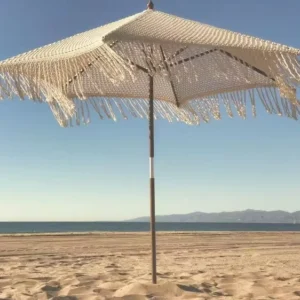 Customize Logo Wooden Pole Canvas Waterproof Patio Swimming Pool Garden Wooden Outdoor Beach Sun Umbrella with Tassels