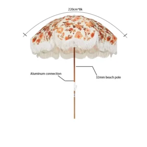 Customize Outdoor Aluminum 6ft 7ft Family Portable Waterproof UV Protection Beach Umbrella Tassels Camping Park