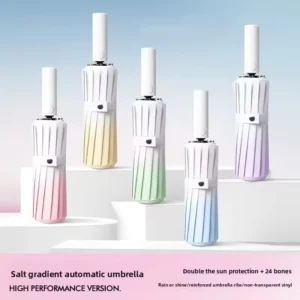 Customized 12-Rib Fully Automatic Gradient-Color Three-Fold Sun Umbrella with Black Coating, Wind-Resistant UV Protection