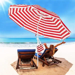 Customized 2.4m Red Striped Resort Beach Parasol Umbrella