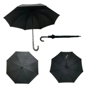 Customized 30 Inch 8 Ribs Fiberglass Frame Windproof Black 190T Pongee Leather Handle Automatic Open Straight Umbrella