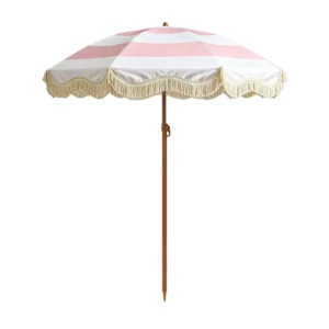 Customized 8K Beach Umbrellas Manual Control Portable Boho Fringe Sand Striped Outdoor Patio Tilt UV Protection Modern Design