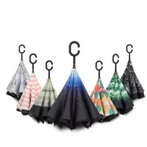 Customized Black and Blue Reverse Long Handle Rain and Sun Umbrella