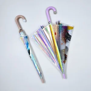Customized Cartoon Rainy Day Kids Holographic Iridescent Laser 3D POE Clear Animal 8 Ribs Umbrella for Children