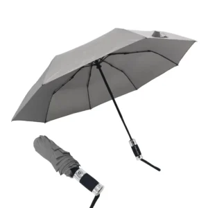 Customized Grey Logo 3-Fold Full-Automatic Chinese Style Straight Umbrella Premium Rubberized Long Handle Auto-Open
