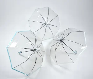 Customized Logo OEM Straight Long-Handle Fully Transparent Glitter Edge Binding Automatic Umbrella for Travel Minimalist Design