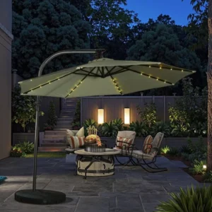 Customized Logo Outdoor Garden Sunshade Parasol LED Lights Solar Patio Beach Swings Umbrella Iron Pole for Courtyard