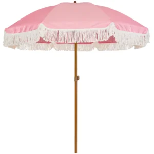 Customized Logo Printed Vintage Pink Tassel Parasol Beach Umbrella with Fringe
