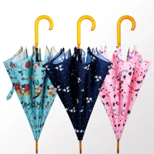 Customized Logo Windproof Semi-Automatic Long Wooden Handle Umbrella