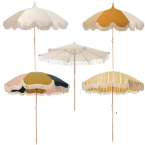 Customized Outdoor Heavy-Duty Wooden Sun Parasol Vintage Fringed Beach Garden Umbrella with Tassels Foldable