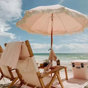 Customized Pink Portable Wooden Pole Fringed Beach Umbrella With Tassels UV Protection Boho Outdoor Parasol