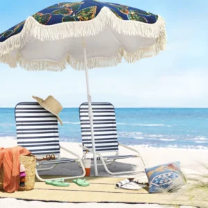 Customized Printed Size Portable Aluminum Pole Sun Shade Garden Parasol Beach Umbrella with Tassels Fringe and Tilt