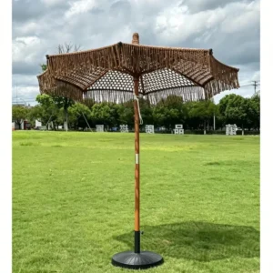 Customized Tassel Woven Canopy Beach Umbrella with Macrame Fringe and Wooden Pole