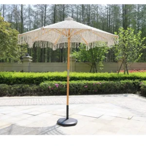 Customized Woven Canopy Parasol with Macrame Fringe and Wooden Shaft