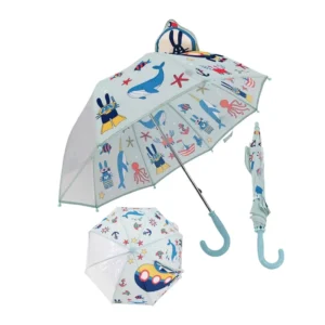 Cute 3D Cartoon Ears Ocean Marine Digital Print Safety Manual Open Close Transparent POE Panels Branded Kid Children Umbrella