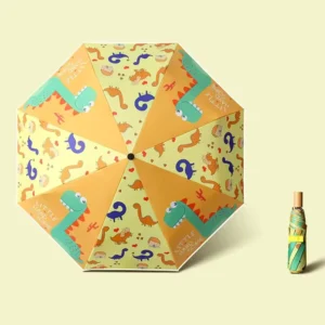 Cute Cartoon Pattern Sunscreen and Rain Umbrella for Kids with Reflective Strip and Wooden Handle