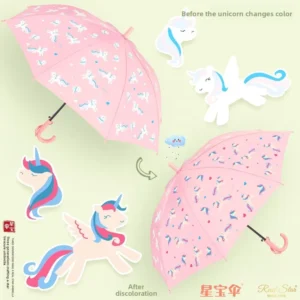 Cute Cartoon Water Activated Discolor Manual Open Safety Round Tips & Name Label Fiberglass Frame Children Straight Umbrella