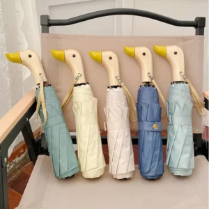 Cute Duck-Handle Folding Umbrella for Adults and Children, Waterproof Black UV Sunscreen Steel Umbrella