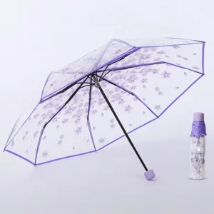 Cute Flower Printed Clear Transparent Folding Umbrella for Girls