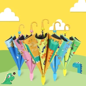 Cute Kids Straight Umbrella with Pattern Design Pongee Material Black Coating Panel Plastic Handle for Kindergarten Rain Cover