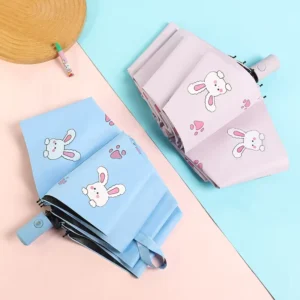 Cute Rabbit Designed Automatic Open Close 3 Fold Umbrella Rain and UV Blocking UPF