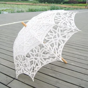 D5828 Retro Creative Bridal Parasol Wedding Wooden Handled Straight Princess Parasol Lace Umbrella