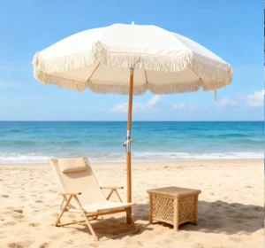 DC-BU-066 Tassel Beach Umbrella, Fiberglass Frame, 200cm, Waterproof Wood Pole, Beige, Outdoor Hotel Use