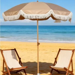 DC BU 068 Fashion Elegant Modern Style Waterproof Foldable Beach Umbrella with Tassels Outdoor Sun Protection Parasol