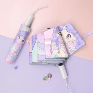 DD2856 Cute Girls UV Protect Cartoon Printing Rain Sun Umbrella Stick 3 Fold Students Kids Umbrella with Reflective Stripe