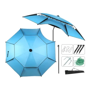 DD4394 Outdoor Patio Fishing Beach Umbrella Large 2.4m Double Layer Waterproof & UV Protection Foldable Crank Lift for Courtyard
