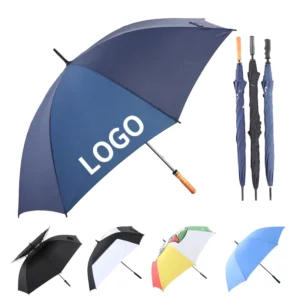 Dark Blue Large Straight Golf Sun Umbrella with Wooden Handle and Manual Opening