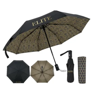 Deluxe Matte Black Double Layer 3 Fold Umbrella Auto Open Close 8K Windproof Gold Geometric Pattern Inside Gift Use Customized
