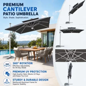 Double Canopy Aluminum Cantilever Shade Umbrella with Solar LED Lights for Outdoor Furniture