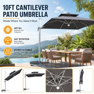 Double Canopy Aluminum Cantilever Shade Umbrella with Solar LED Lights for Outdoor Use