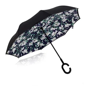 Double Canopy Flower Print Reverse Stick Umbrella with C Handle, Inside Out, Double Layer, Manual Control