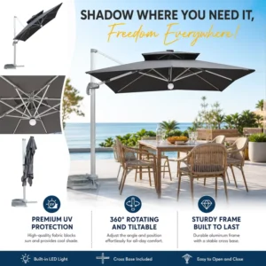 Double Canopy Modern Aluminum Alloy Outdoor Cantilever Shade Umbrella with Solar LED Lights Durable Waterproof