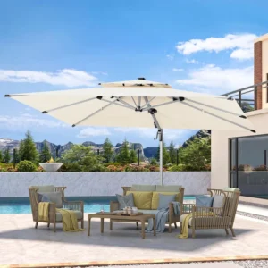 Double Canopy Modern Commercial Sunshade Garden Parasol 10ft Aluminum Pole Large Cantilever Patio Umbrella with LED Light
