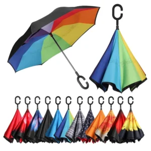 Double Canopy Straight Reverse Umbrella with Multicolor Windproof Design and Custom Logo Print