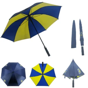 Double Canopy Straight Umbrella Navy Blue with Contrast Yellow Inside Semi Automatic Umbrella with EVA J Handle